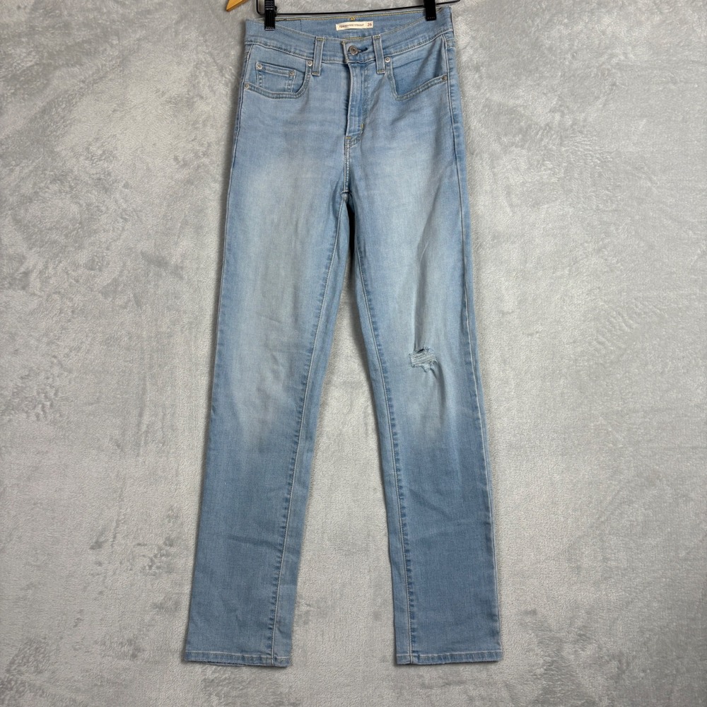 Levis 724 High Rise Straight Jeans Light Wash Distressed Blue W26 L32 18883-0294